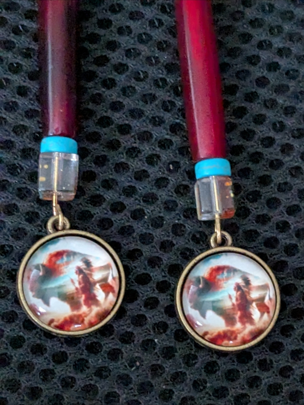 Indigenous Red Buffalo Bone Hairpipe Turquoise Drop Earrings Bison Chief Pendant - Picture 5 of 9